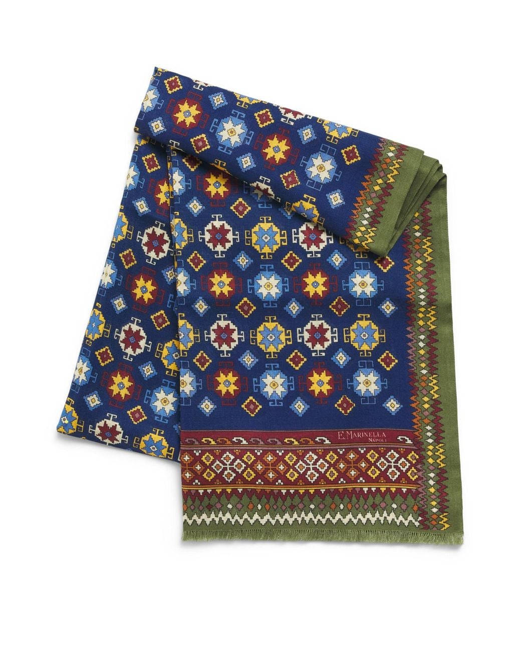 E.MARINELLA Blue Wool-Silk Geometric Print Scarf for men