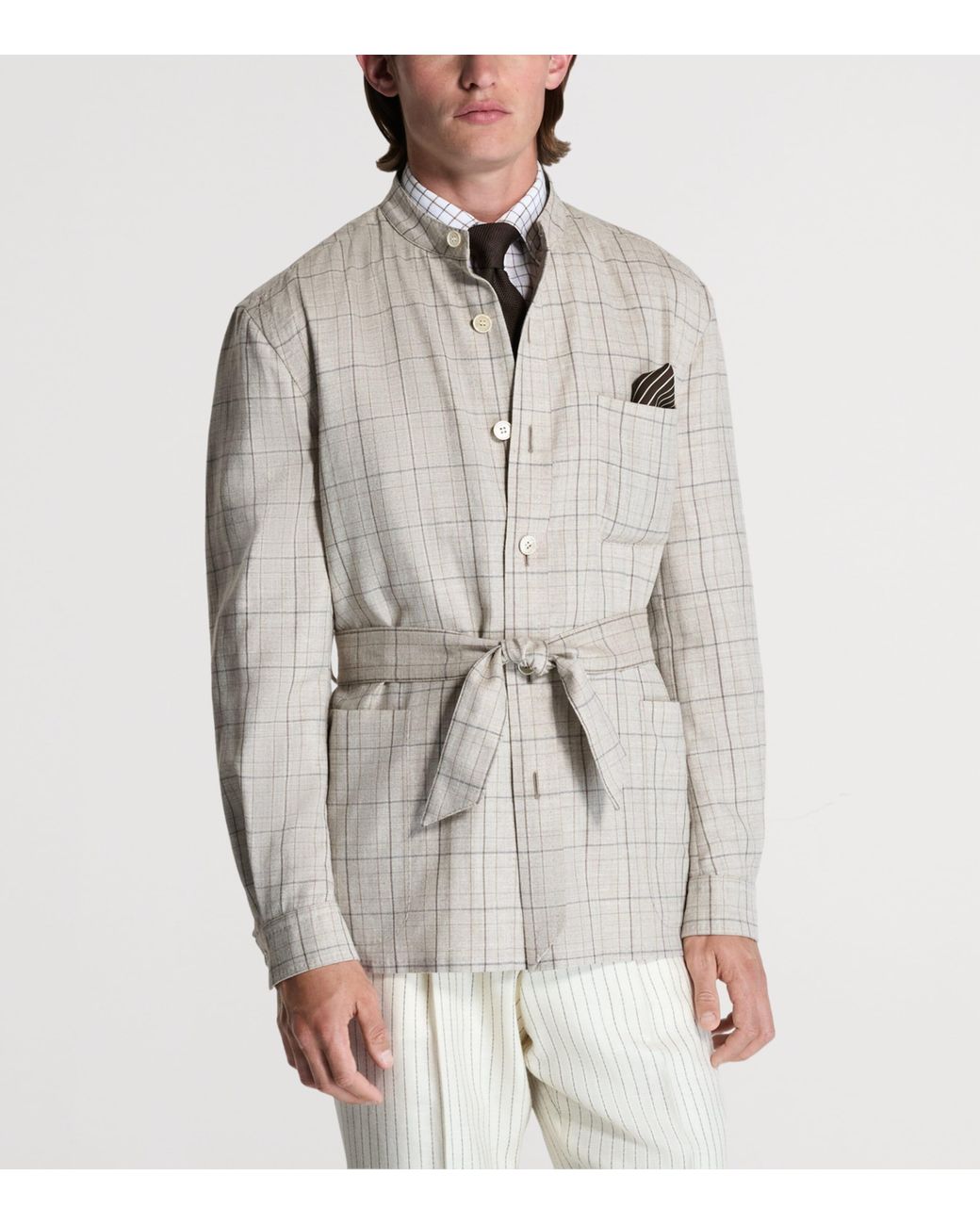 Dunhill Natural Wool-Silk-Linen Check Belted Jacket for men