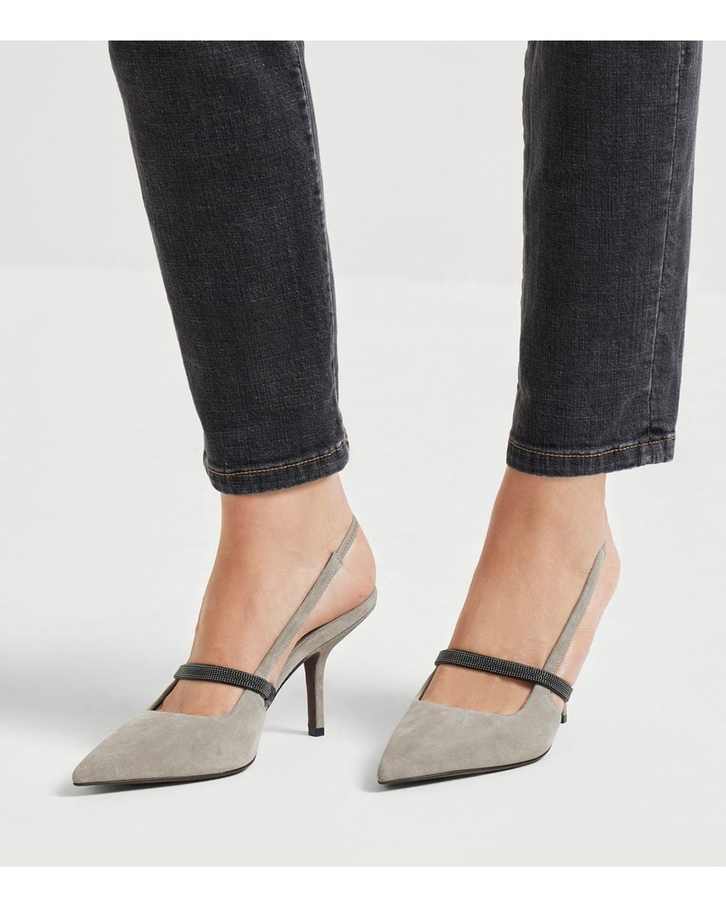 Brunello Cucinelli White Suede Slingback Heels 80