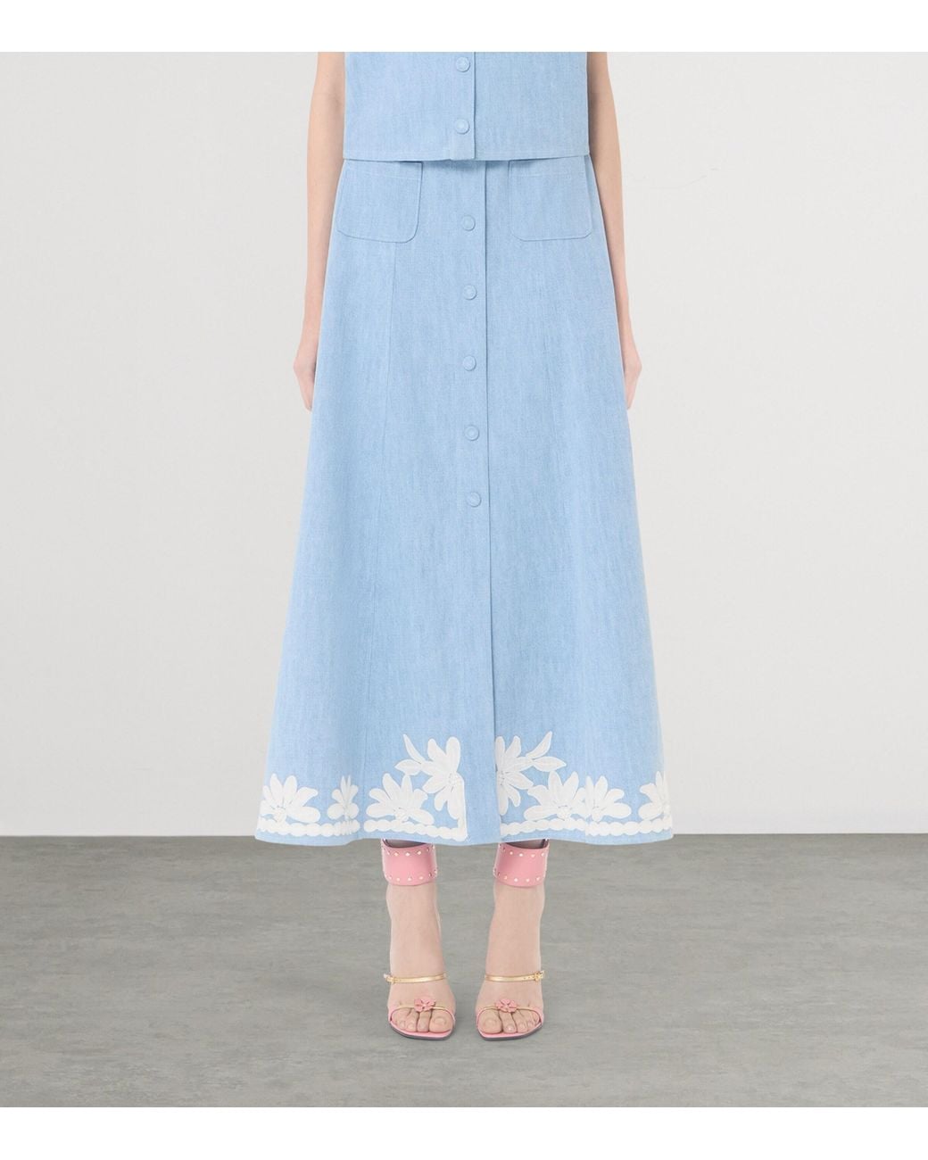 Valentino Blue Embroidered Denim Midi Skirt