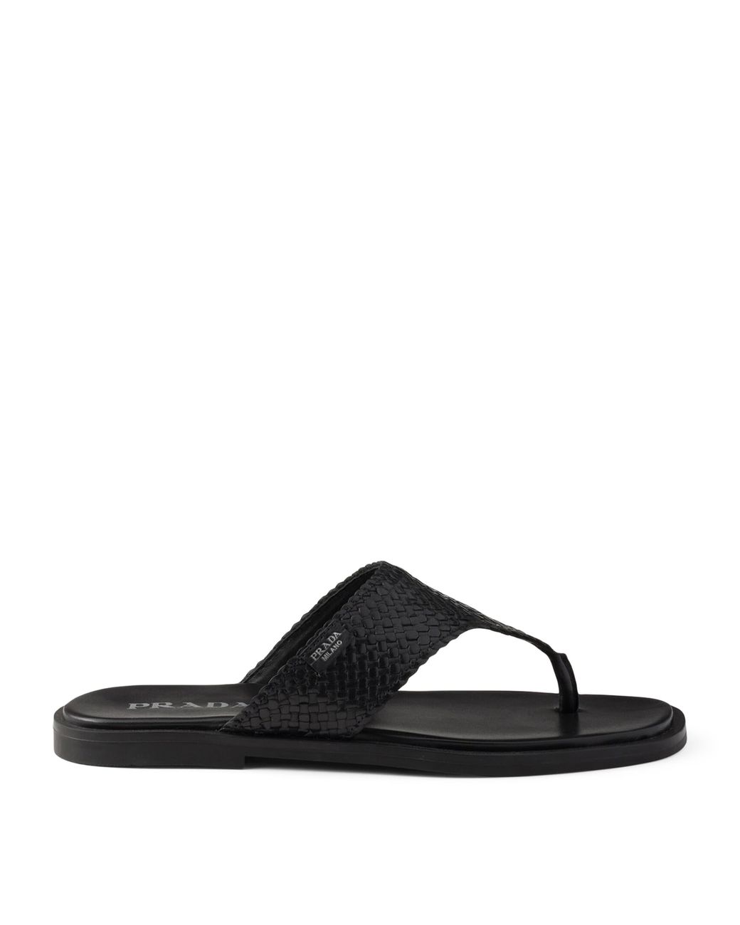Prada Black Leather Woven Flip Flops for men