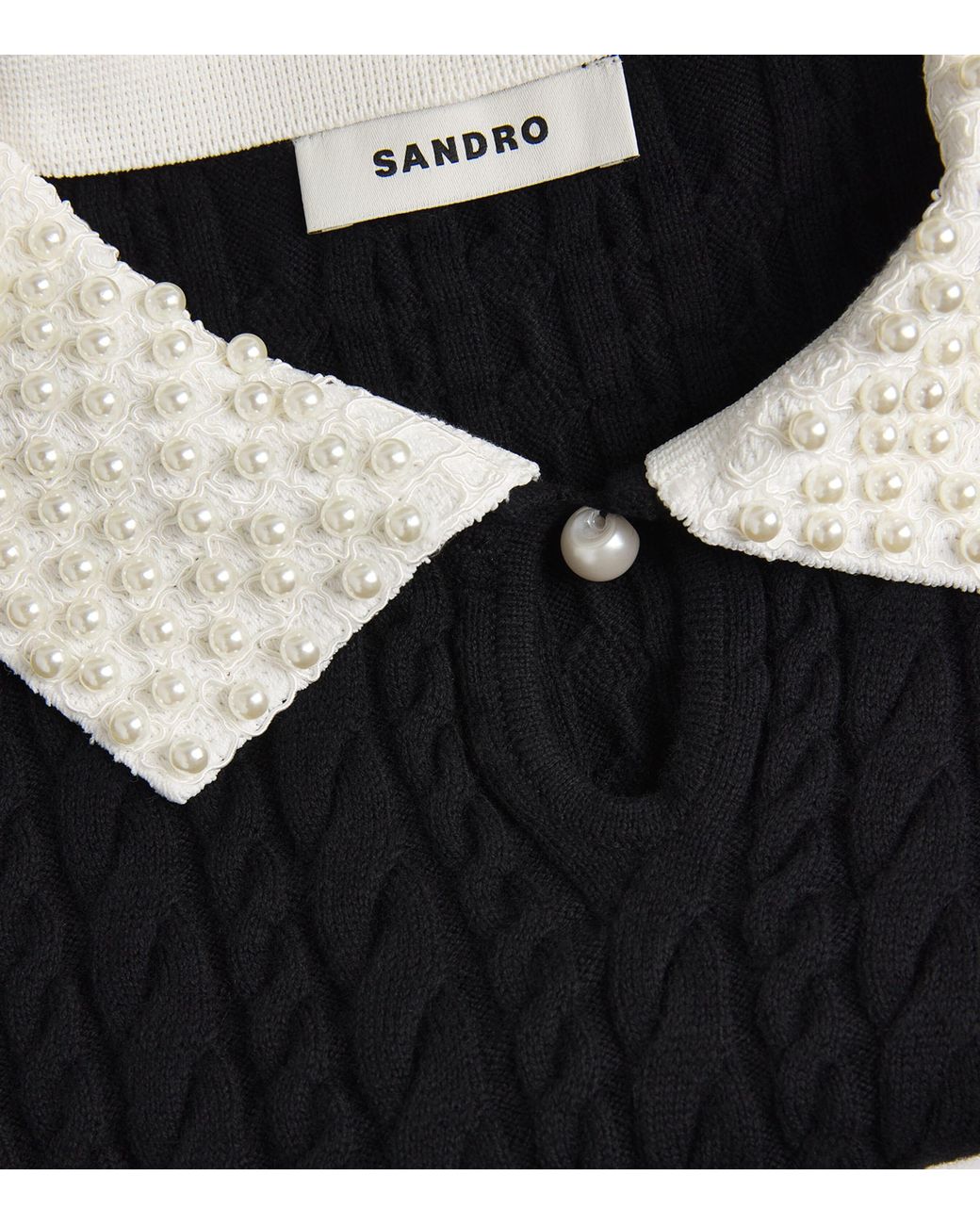 Sandro Black Cotton-Wool-Blend Cable-Knit Pearl-Collar Sweater