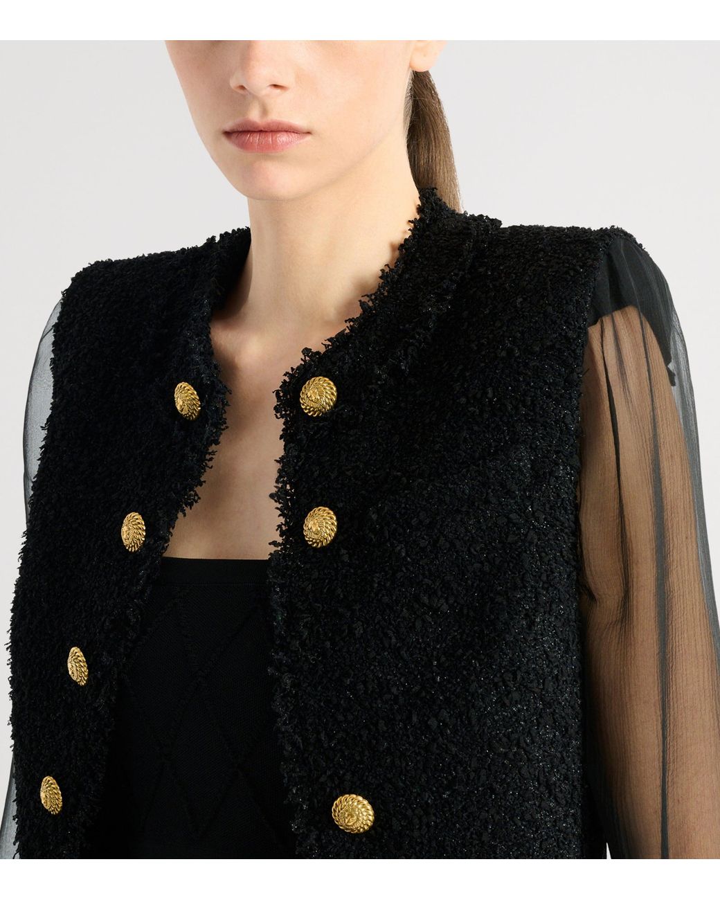 Balmain Black Tweed Muslin-Sleeve Blouse