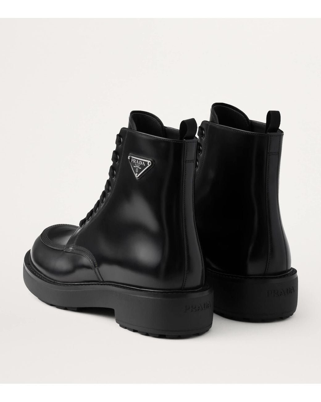 Prada Black Leather Logo-Plate Lace-Up Boots for men