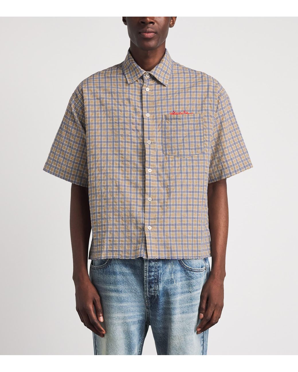About Blank Gray Cotton Raw-Hem Check Short-Sleeve Shirt for men