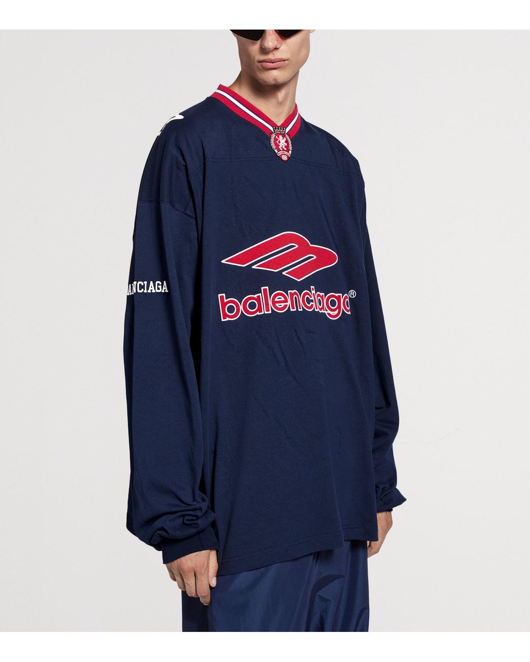 Balenciaga Blue 3B Football Long Sleeve V-Neck T-Shirt for men