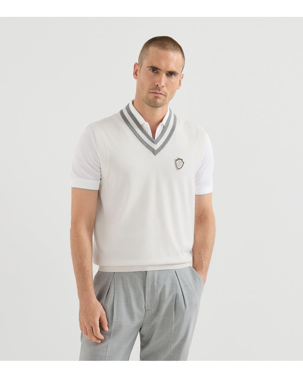 Brunello Cucinelli White Cotton Crest Sweater Vest for men