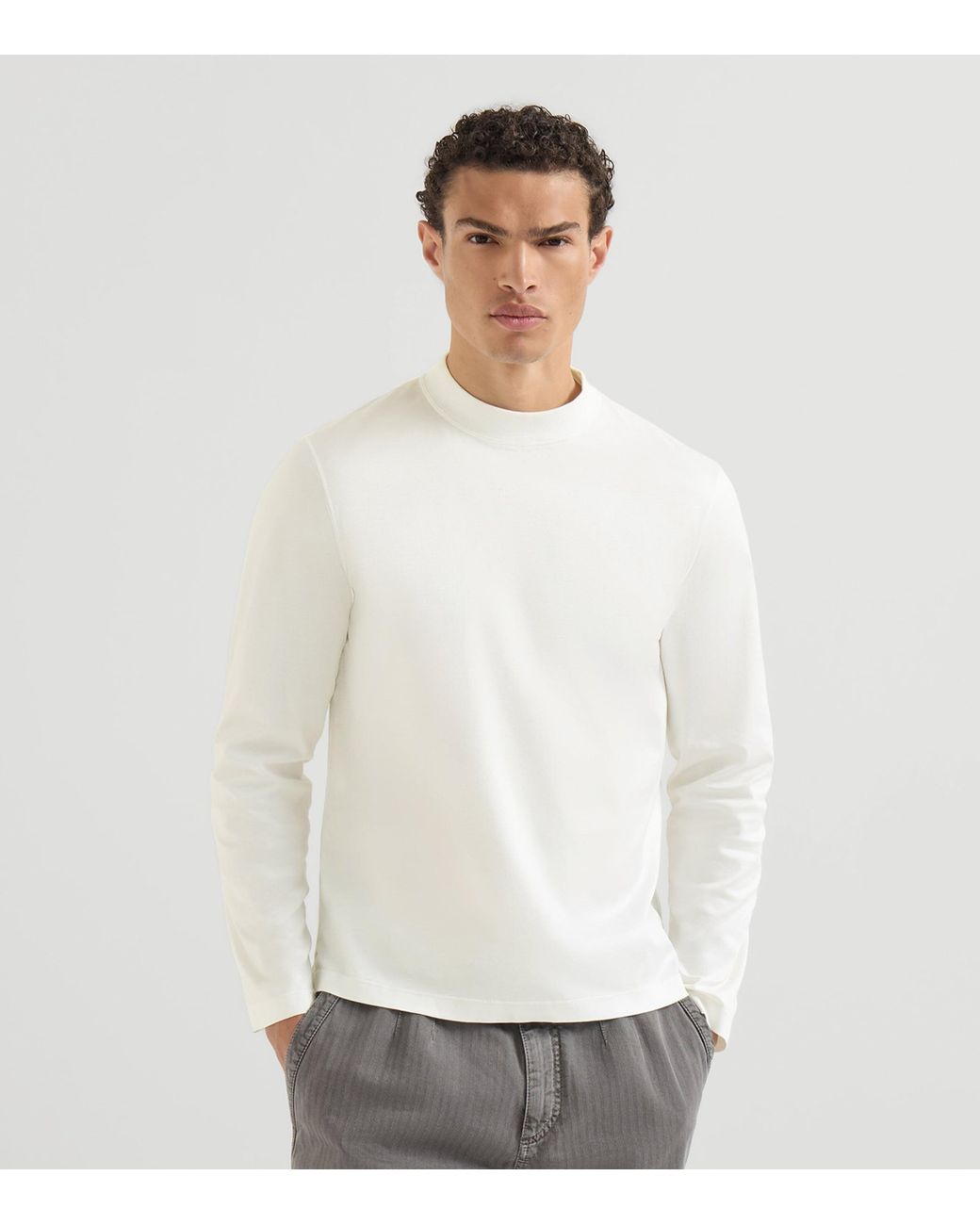 Brunello Cucinelli White Cotton High-Neck Long-Sleeve T-Shirt for men