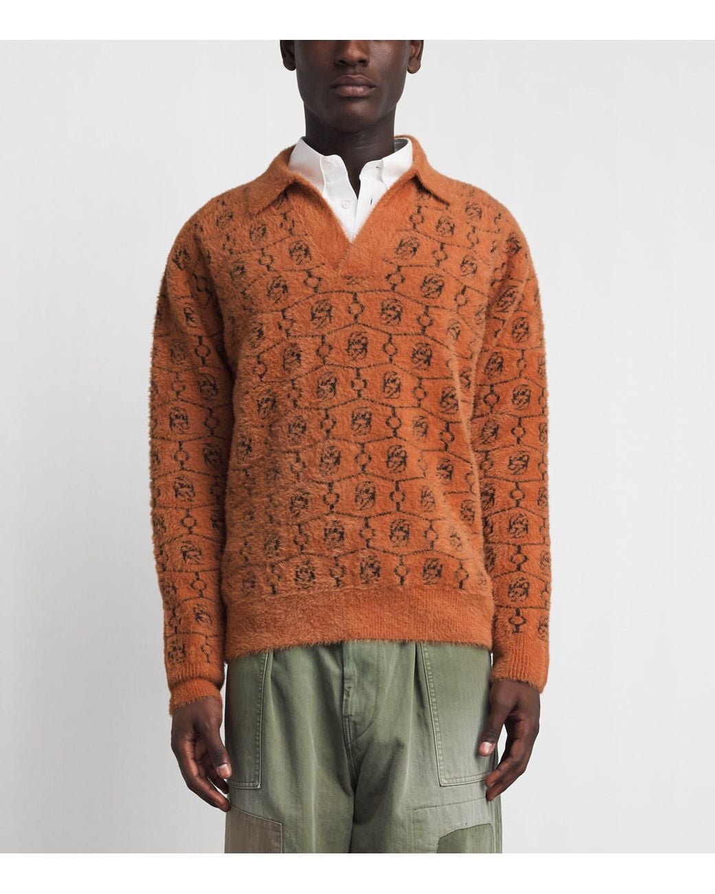 Drole de Monsieur Brown Monogram Jacquard Polo Sweater for men