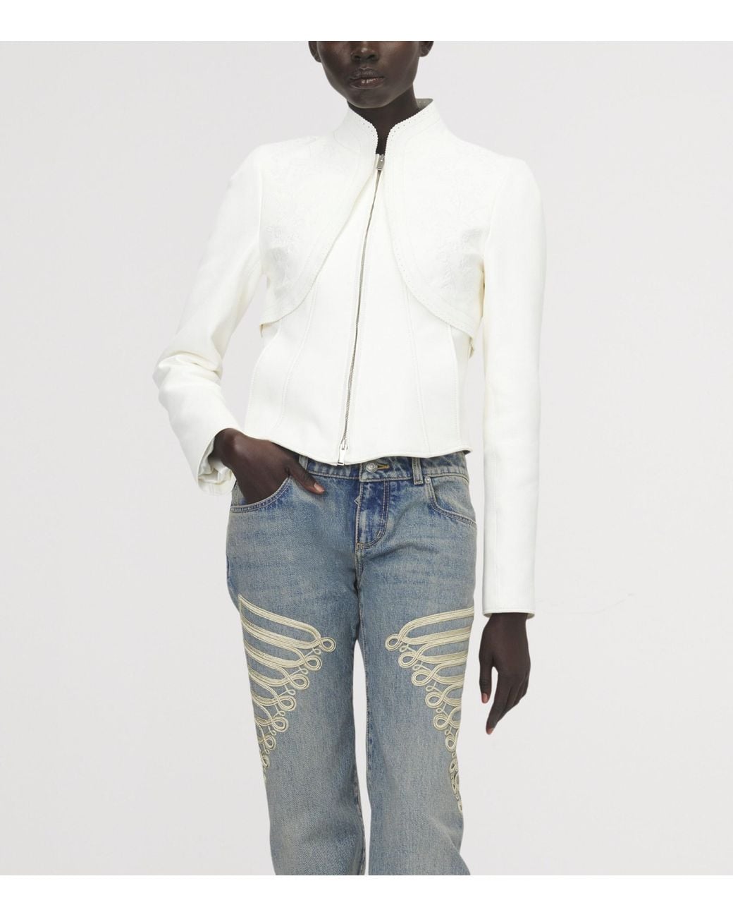 McQueen White Floral Embroidered Leather Jacket