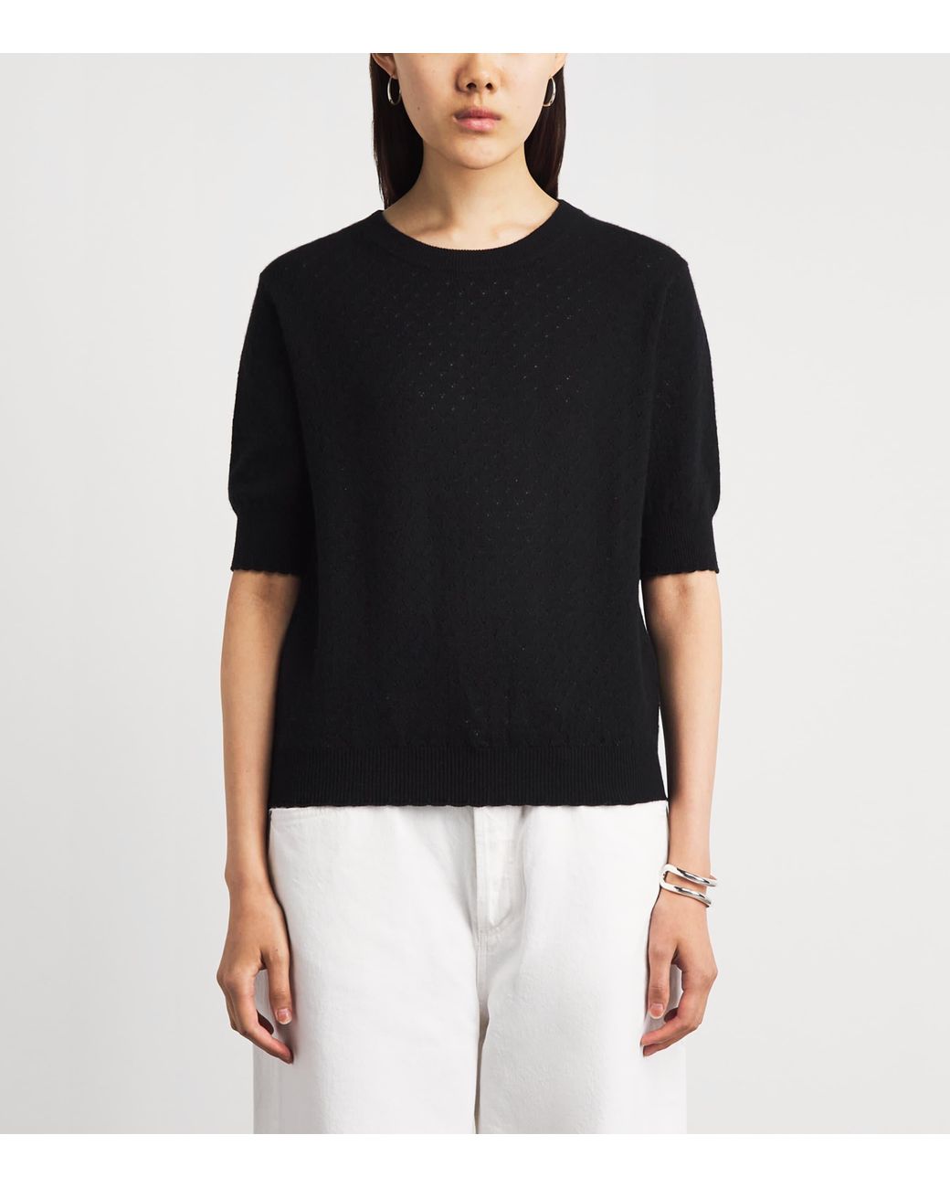 7 For All Mankind Black Cashmere Pointelle Short-Sleeve Sweater