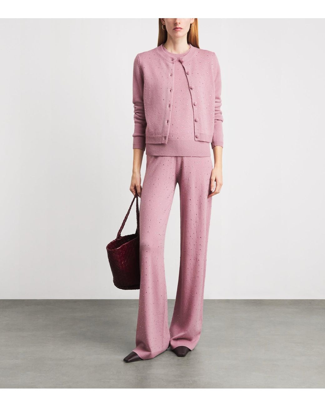 Allude Pink Wool-Cashmere Crystal-Embellished Cardigan
