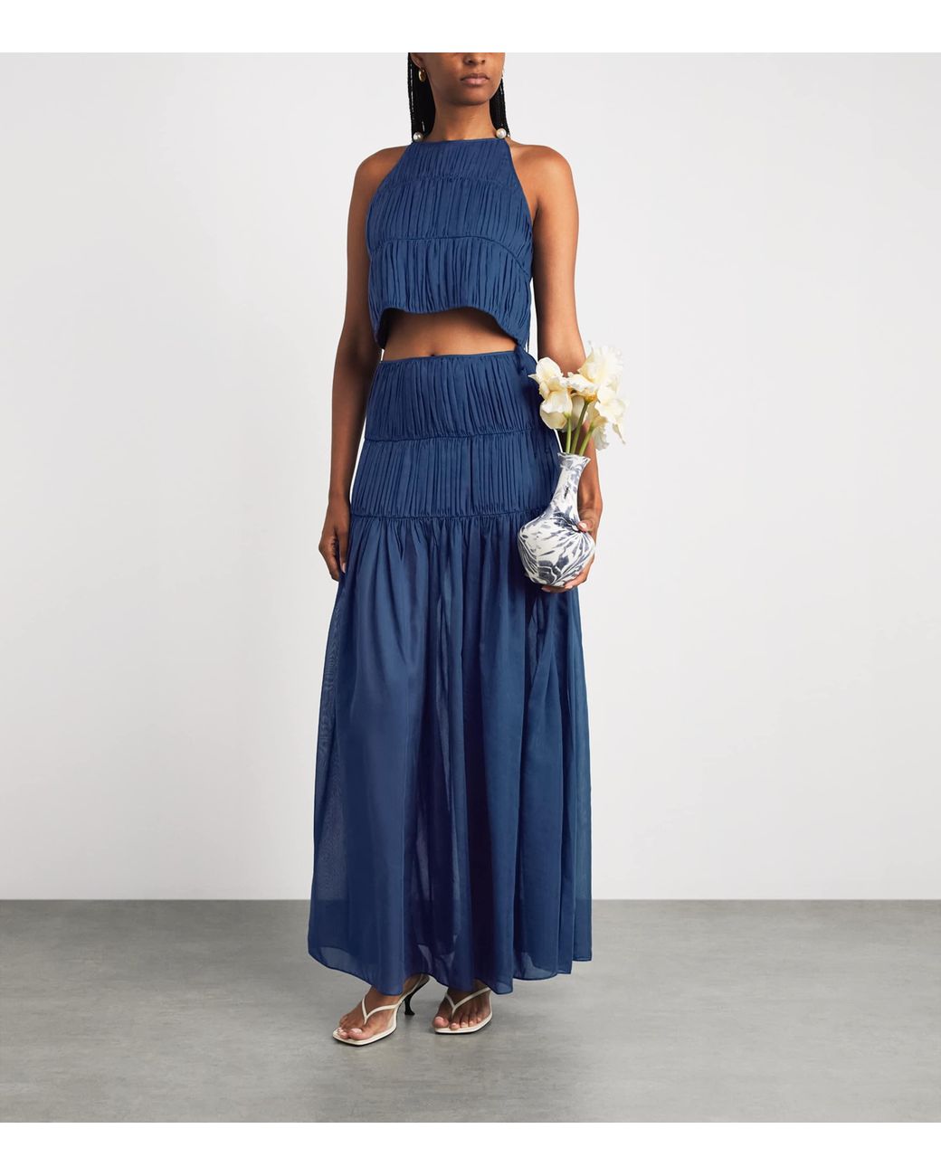 Moré Noir Blue Cotton-Silk Ruched Lea Sleeveless Top