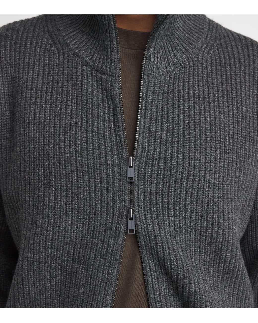 Yves Salomon Gray Wool-Cashmere Ribbed High-Neck Cardigan for men