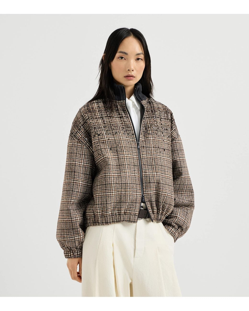 Brunello Cucinelli Brown Alpaca-Wool-Blend Check Bomber Jacket