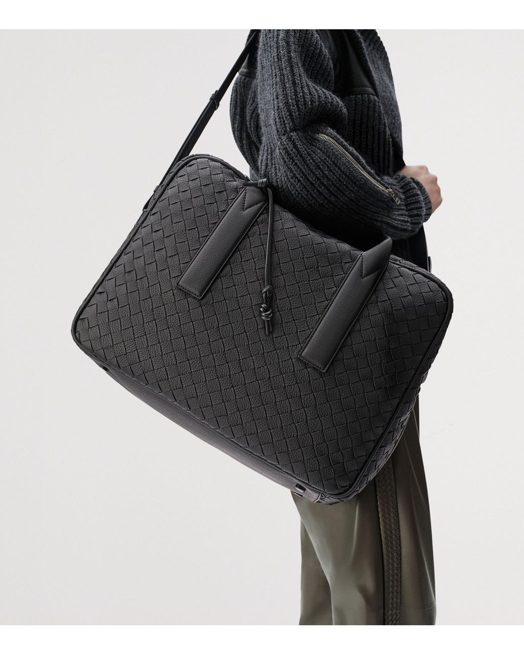 Bottega Veneta Black Leather Intrecciato Getaway Weekender Travel Bag