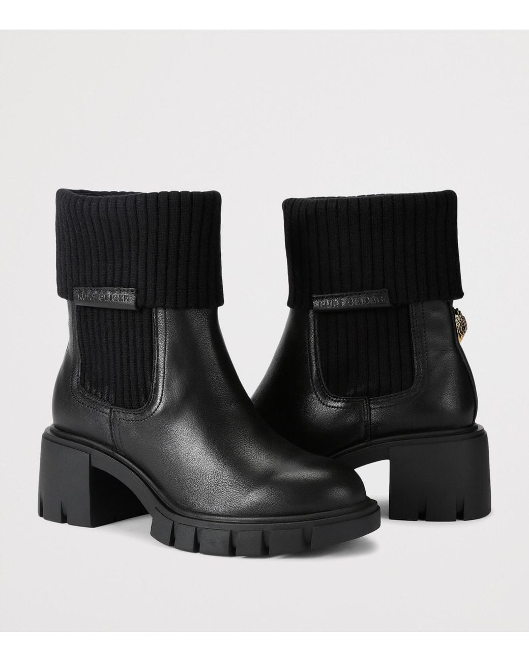 Kurt Geiger Black Leather Rib-Trim Snug Ankle Boots