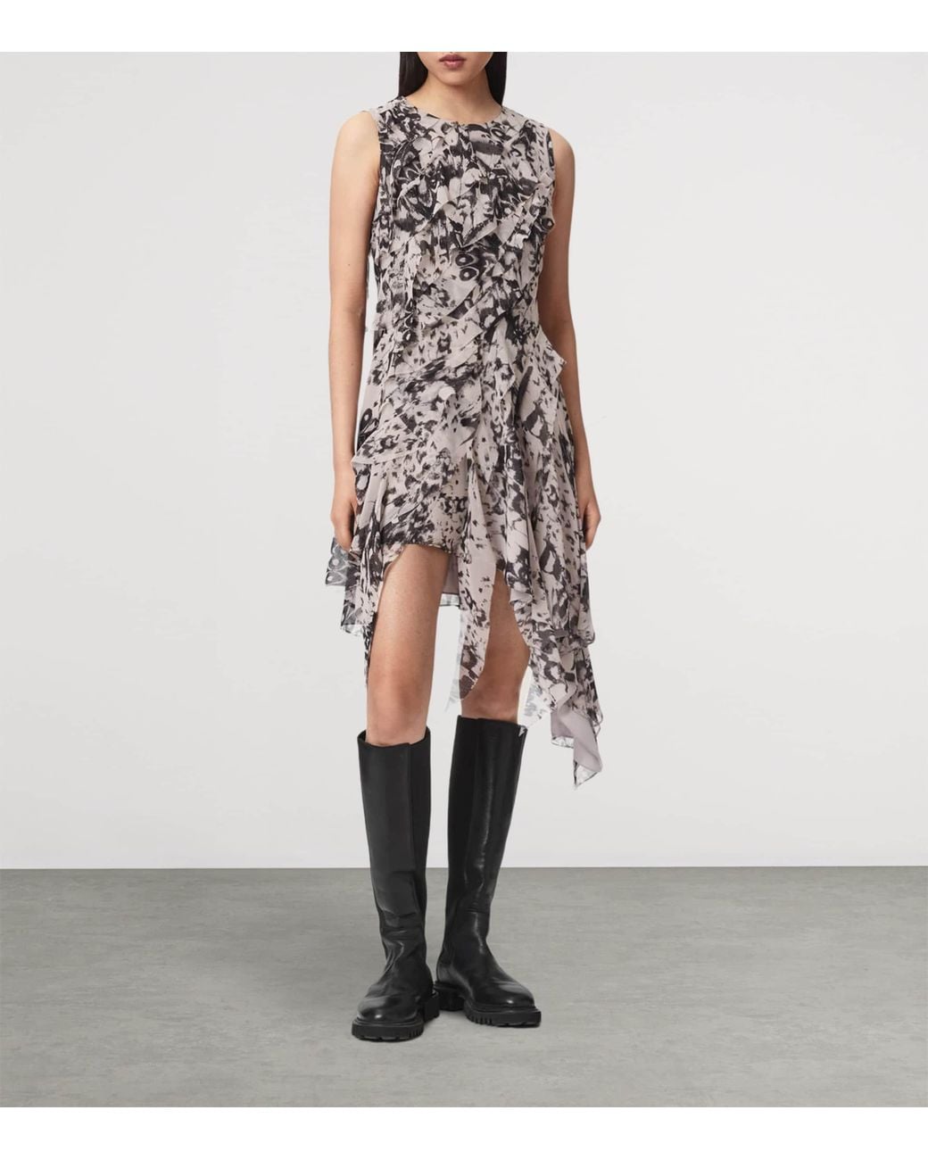 AllSaints White Ruffled Asymmetric Angie Midi Dress