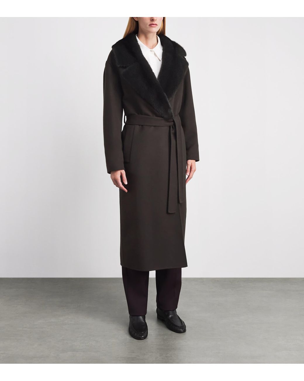 Kiton Black Cashmere Mink-Lapel Wrap Coat