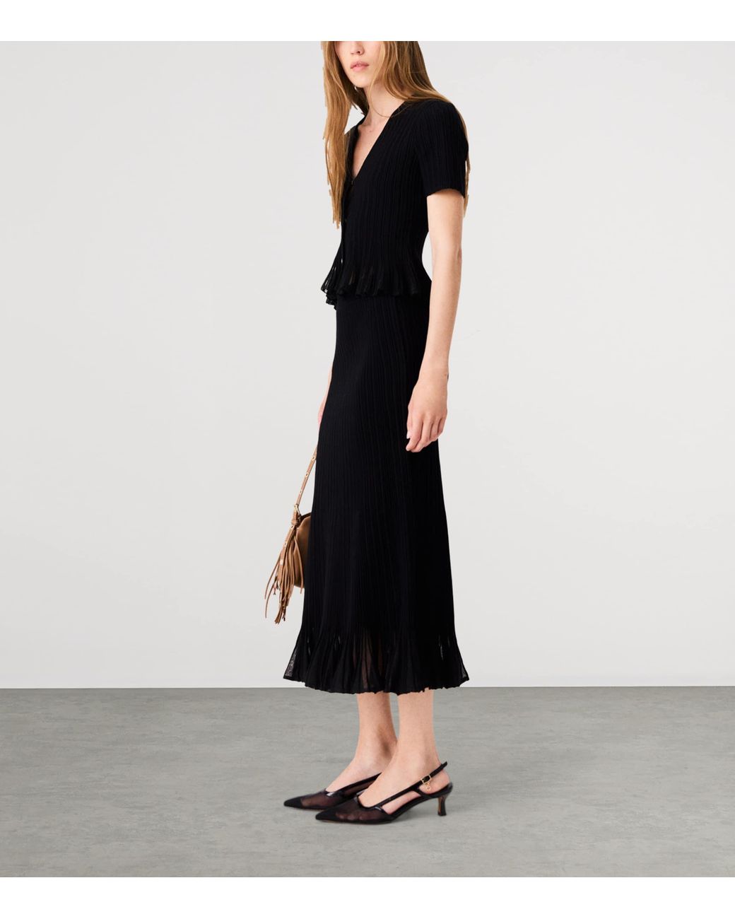 Maje Black Plissé Midi Skirt