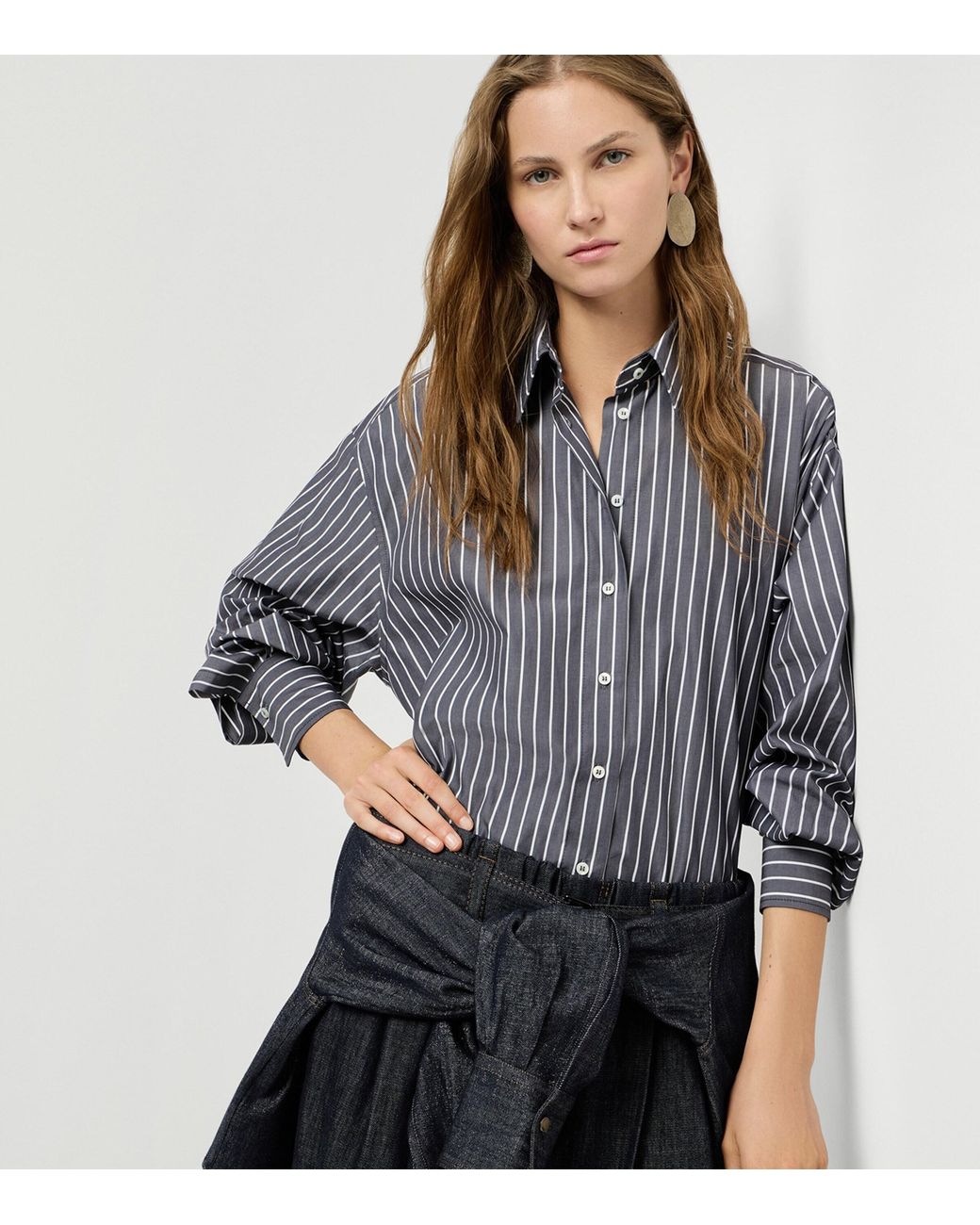 Brunello Cucinelli Gray Cotton Poplin Stripe Shirt