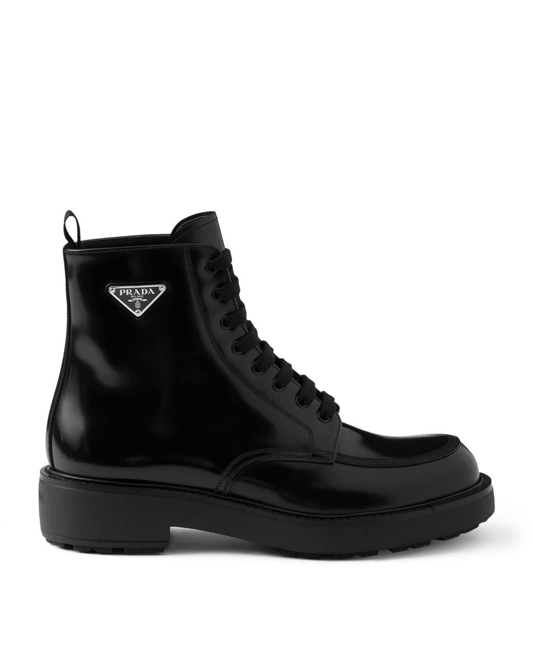 Prada Black Leather Logo-Plate Lace-Up Boots for men
