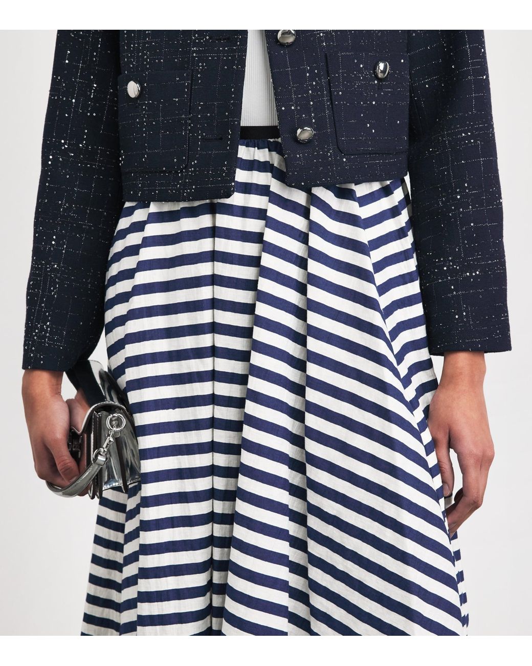 Maje Blue Pleated Stripe Midi Skirt