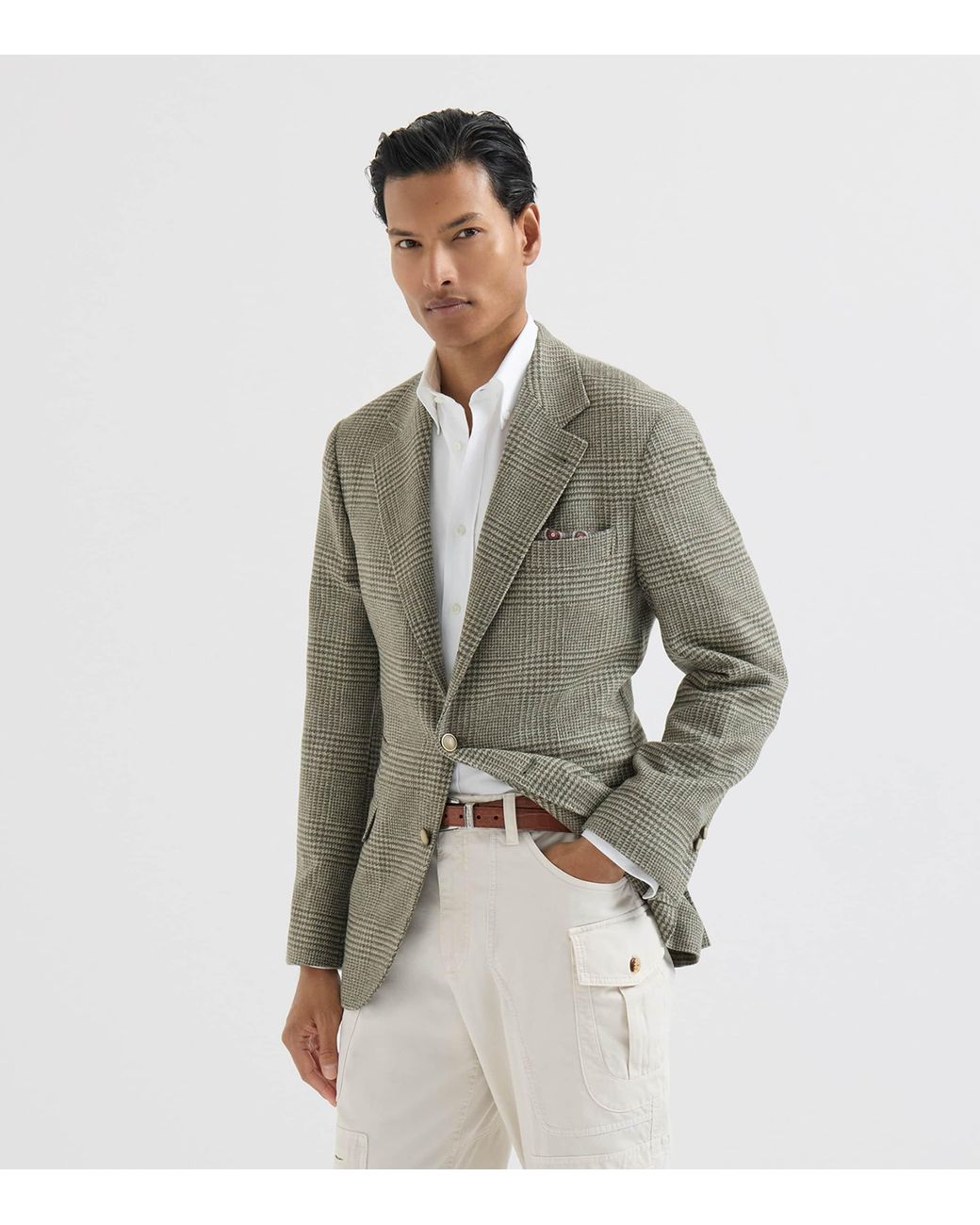 Brunello Cucinelli Green Wool-Cashmere-Blend Check Blazer for men