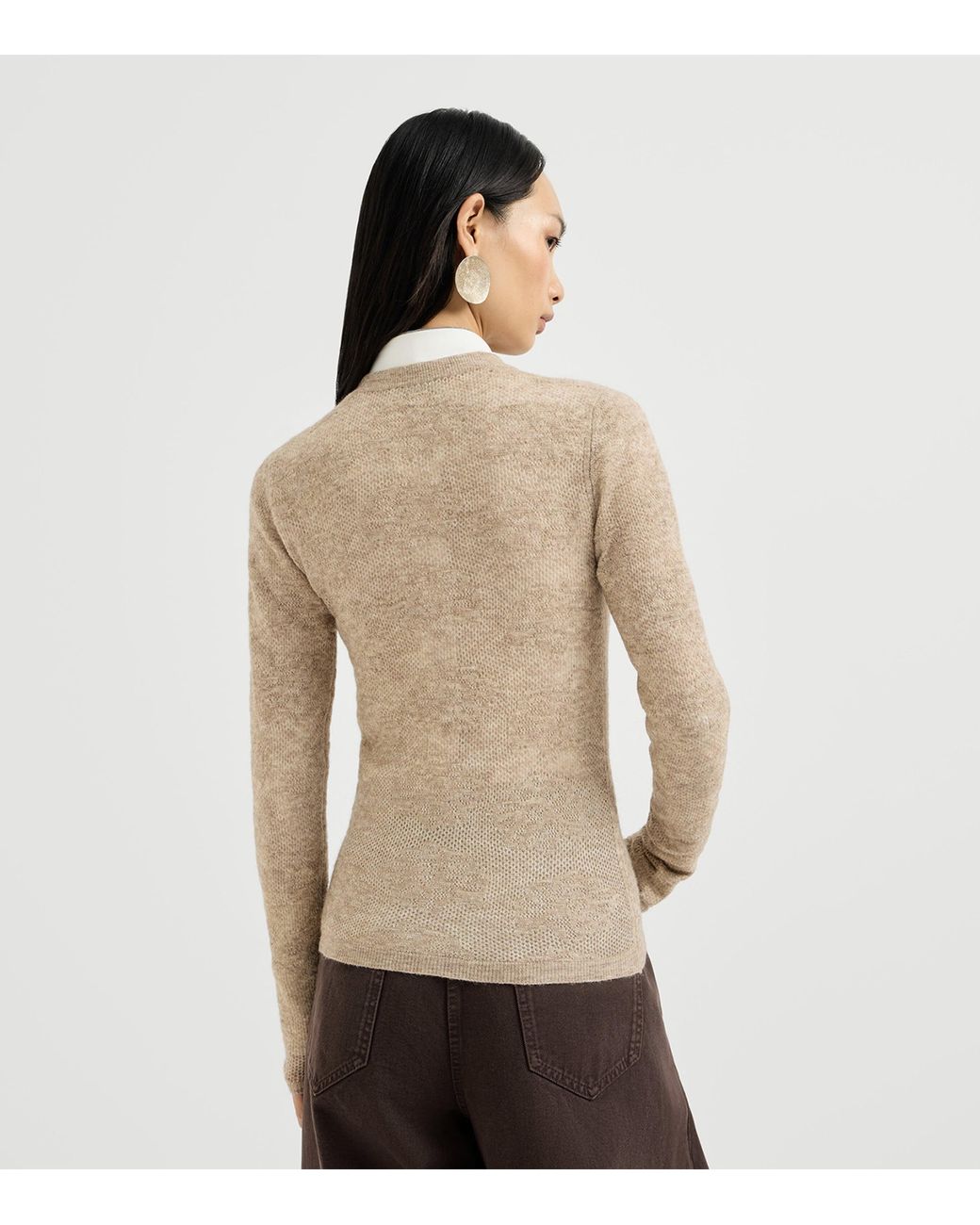 Brunello Cucinelli Natural Silk-Alpaca-Wool Lace-Detail Sweater