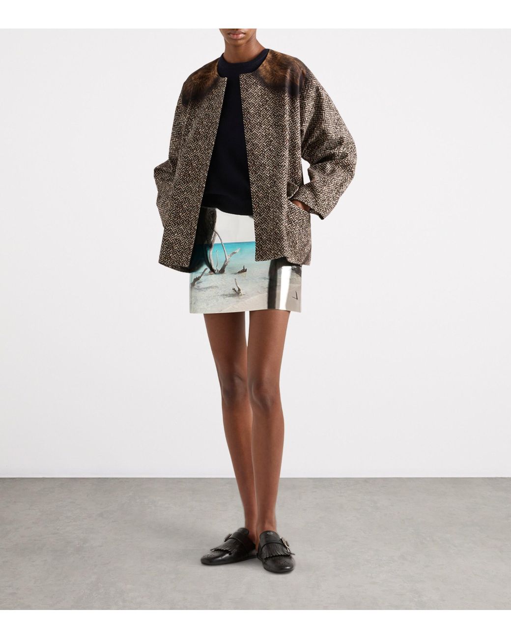 スカート PRADA SAND-COLOURED MINI SKIRT WITH SILK PRINT Prada Sand-coloured mini skirt with silk print | TheDoubleF