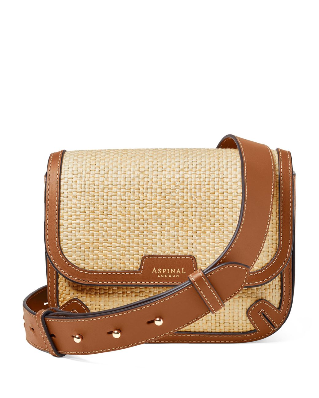 Aspinal Brown Leather Raffia-Front Ella Cross-Body Bag