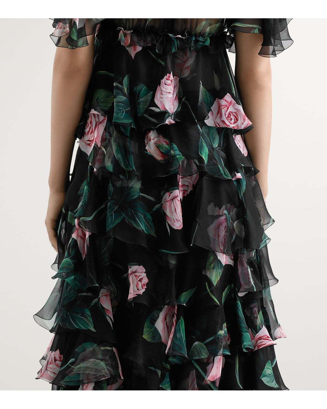 Dolce & Gabbana Black Rose- Chiffon Calf-Length Dress With Ruffles And Flounces