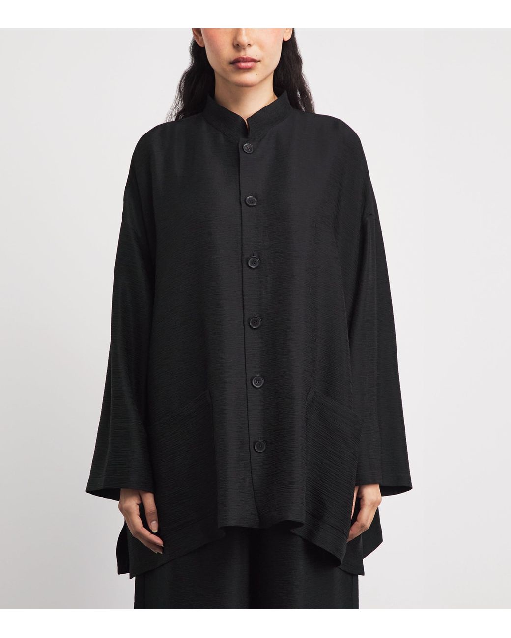 Eskandar Black Silk Plissé Wide A-Line Jacket