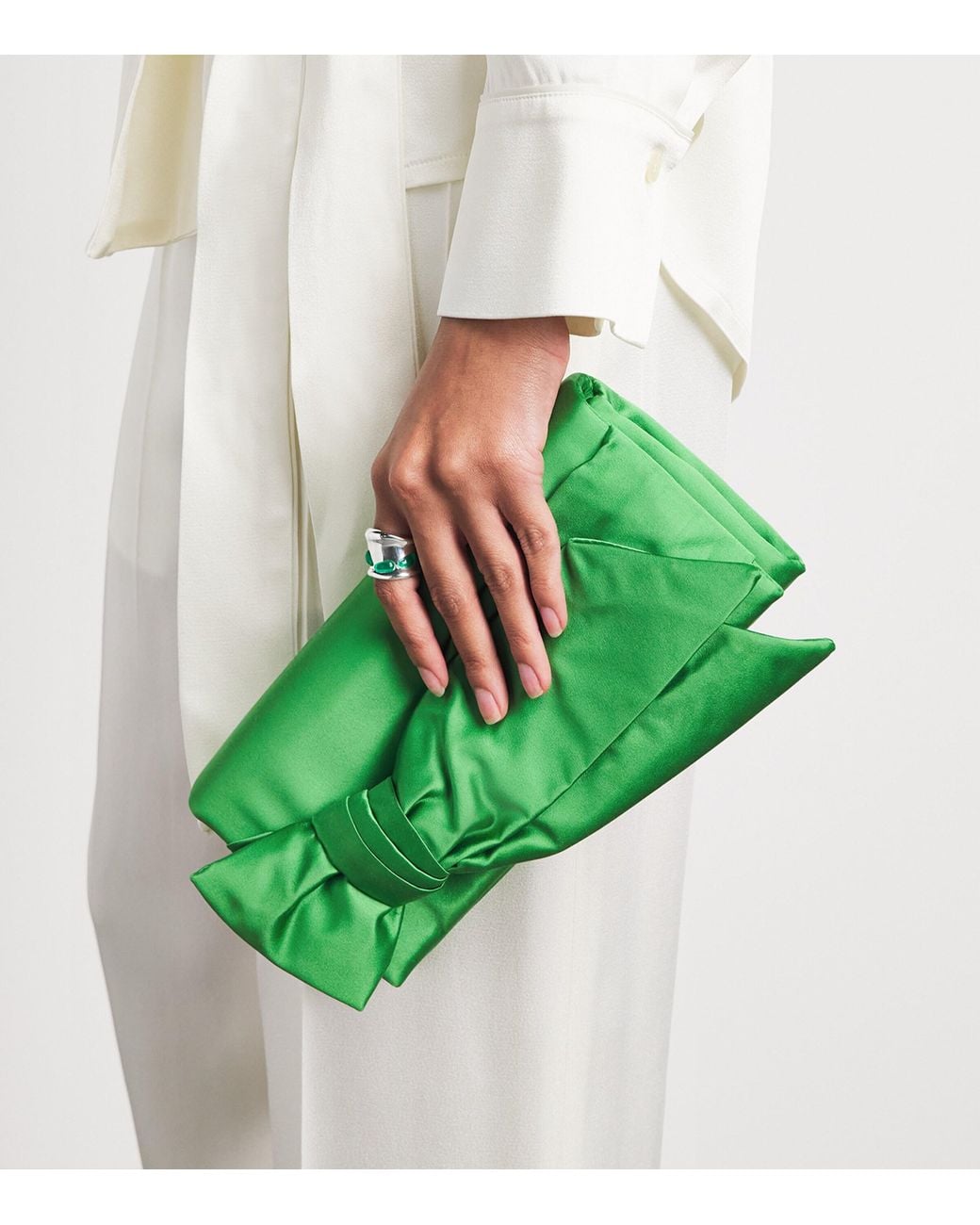 Carolina Herrera Green Satin Bow Karlita Clutch Bag