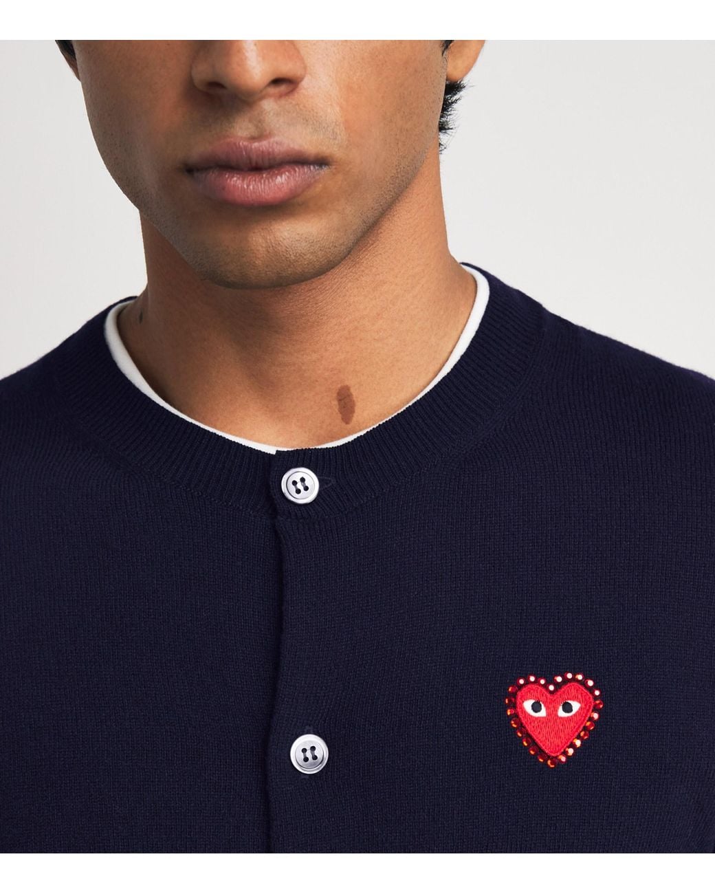 COMME DES GARÇONS PLAY Blue Wool Rhinestone Heart Logo Cardigan for men