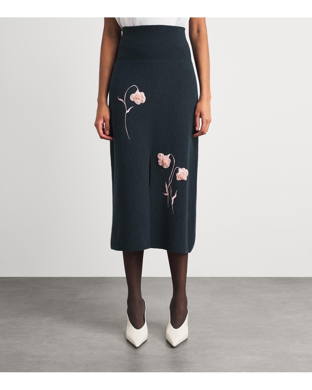 Erdem Blue Embroidered Midi Pencil Skirt