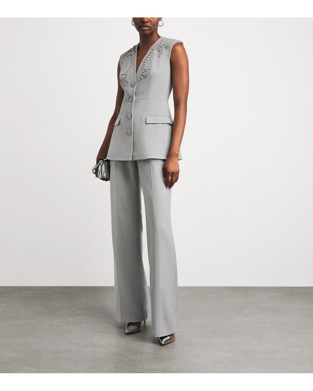Huishan Zhang Gray Crepe Embellished Sigrid Sleeveless Jacket