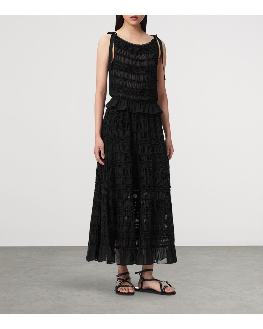 AllSaints Black Shirred Lotus Maxi Skirt