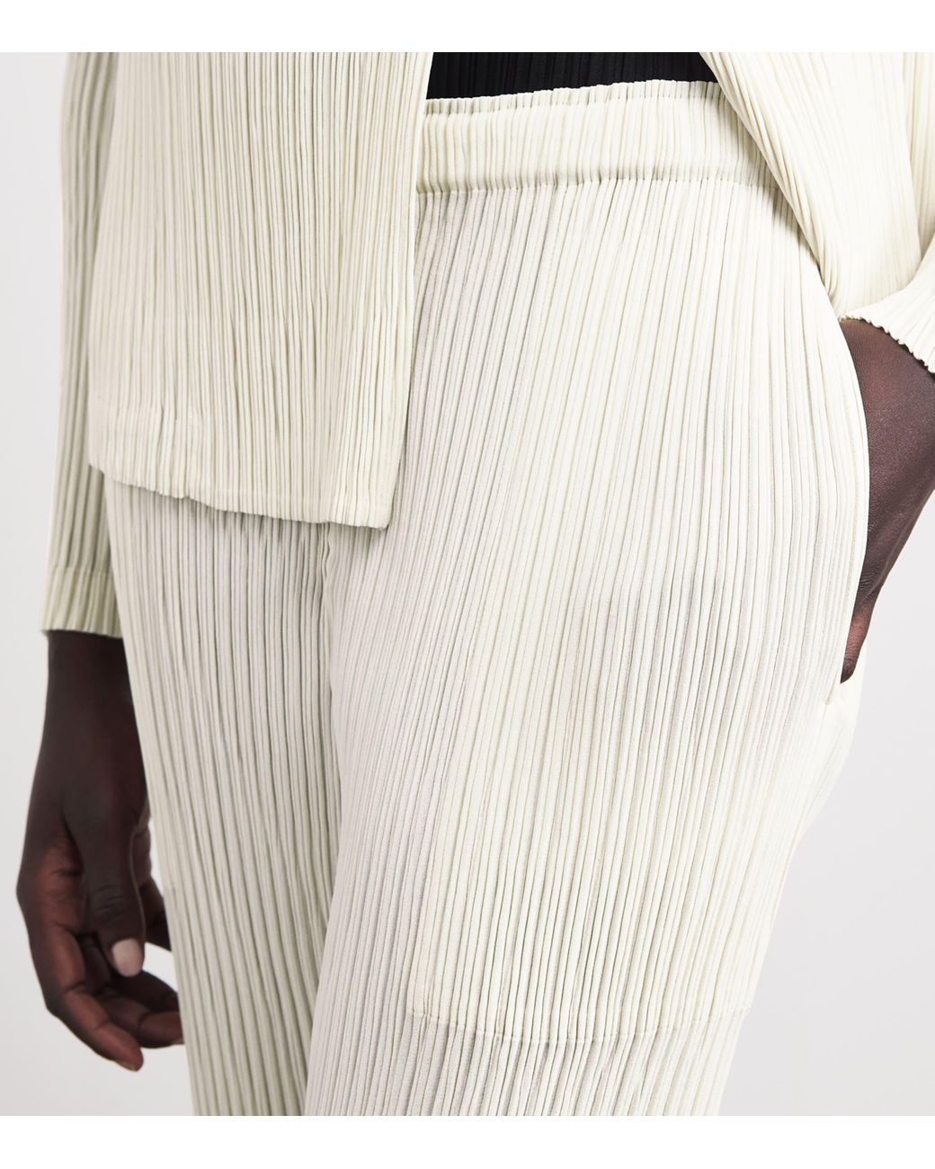 Issey Miyake White Hatching Pleats Straight Leg Trousers