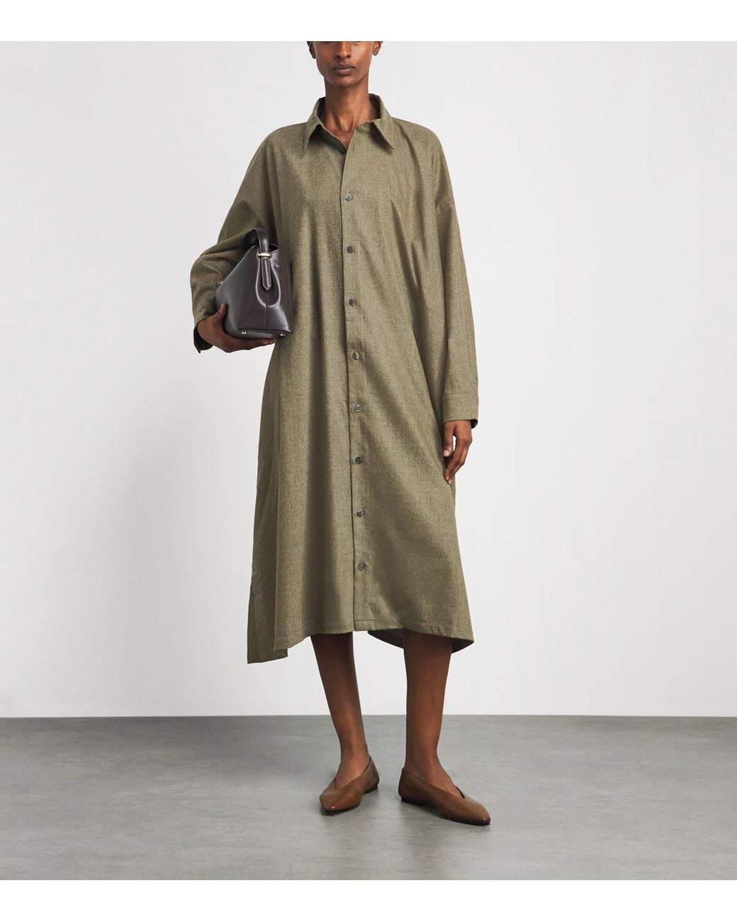 Eskandar Green Wool-Blend Shirt Dress