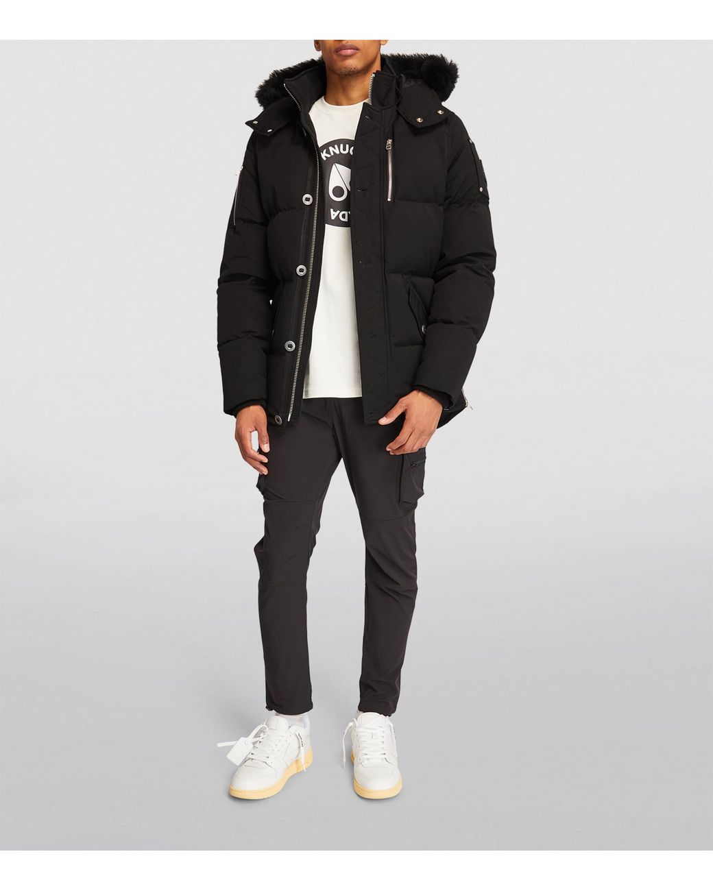 Moose Knuckles Black Shearling-Collar Puffer Jacket for men