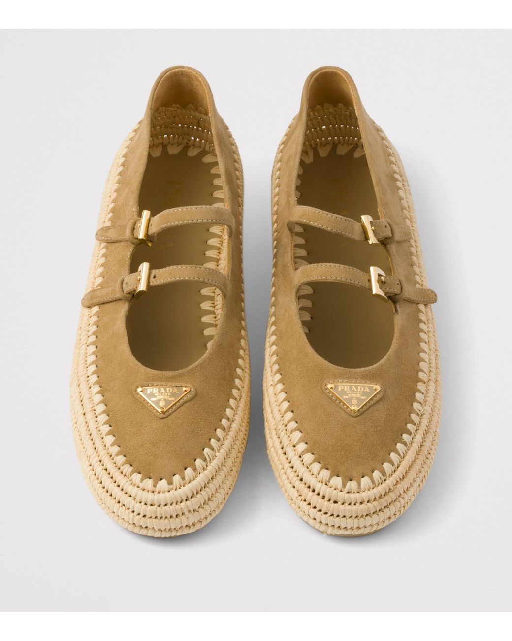 Prada Leather And Raffia Ballet Flats in Natural | Lyst UK