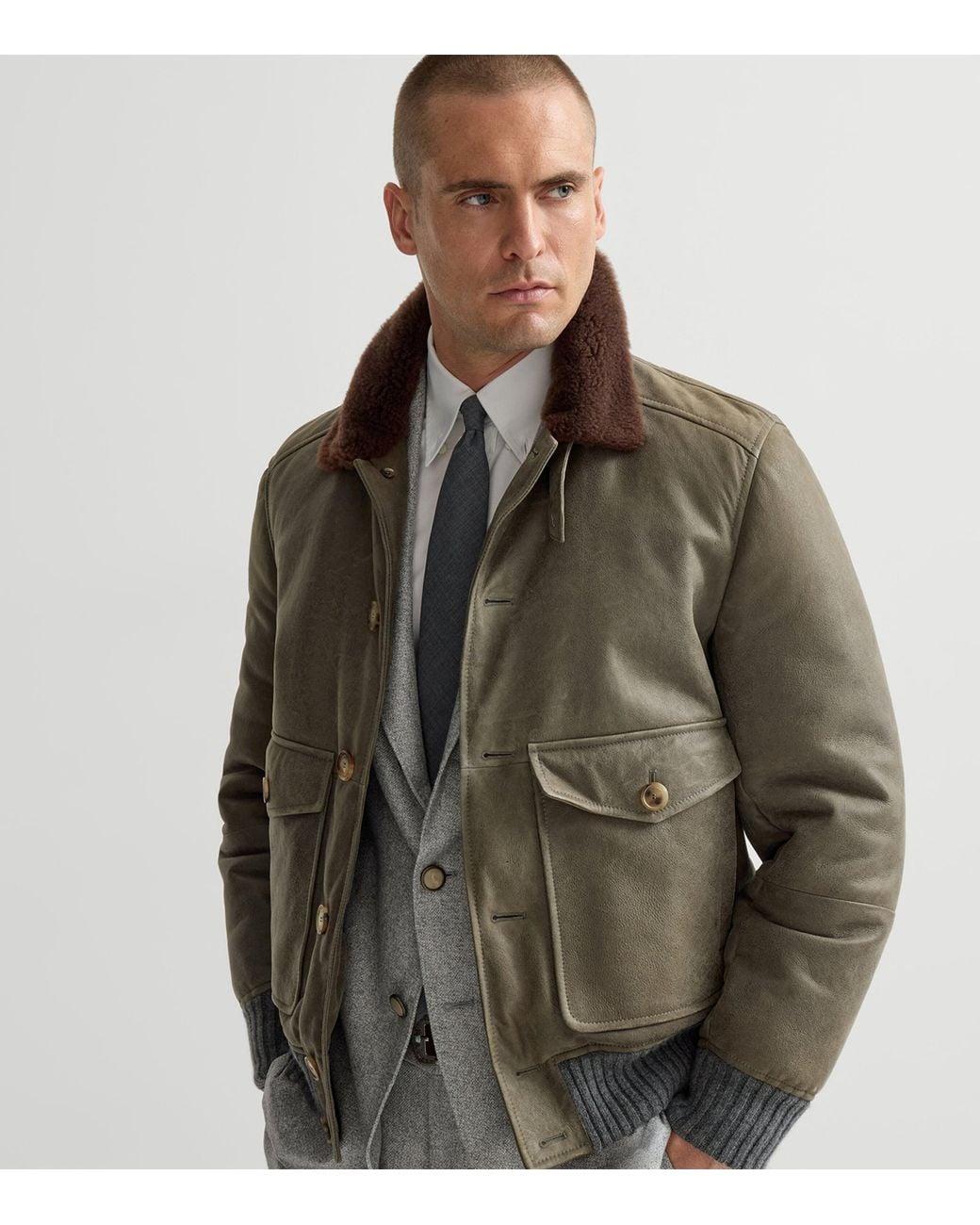 Brunello Cucinelli Green Leather Shearling-Trim Jacket for men