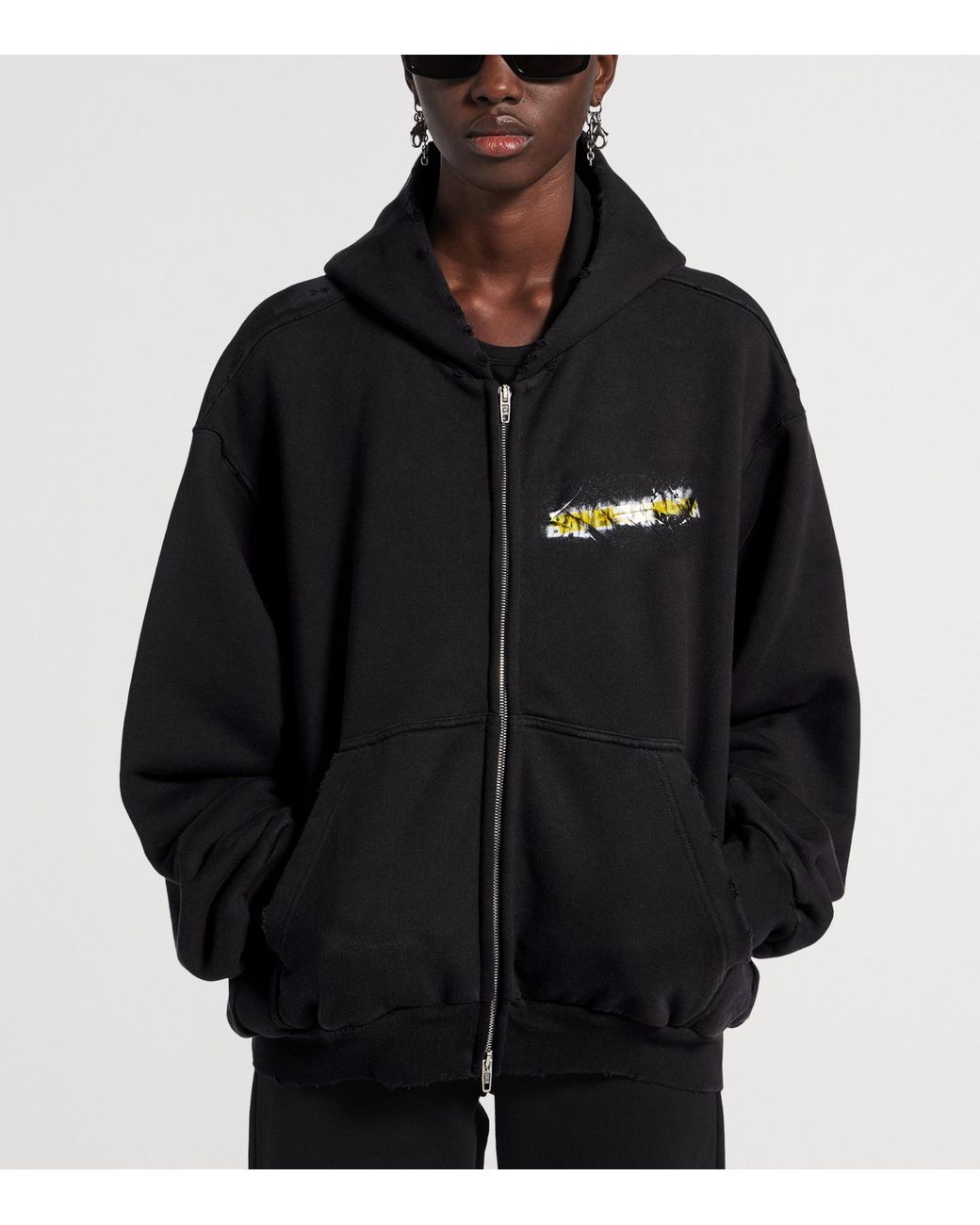 Balenciaga Black Cotton Spray Logo Zip-Up Hoodie