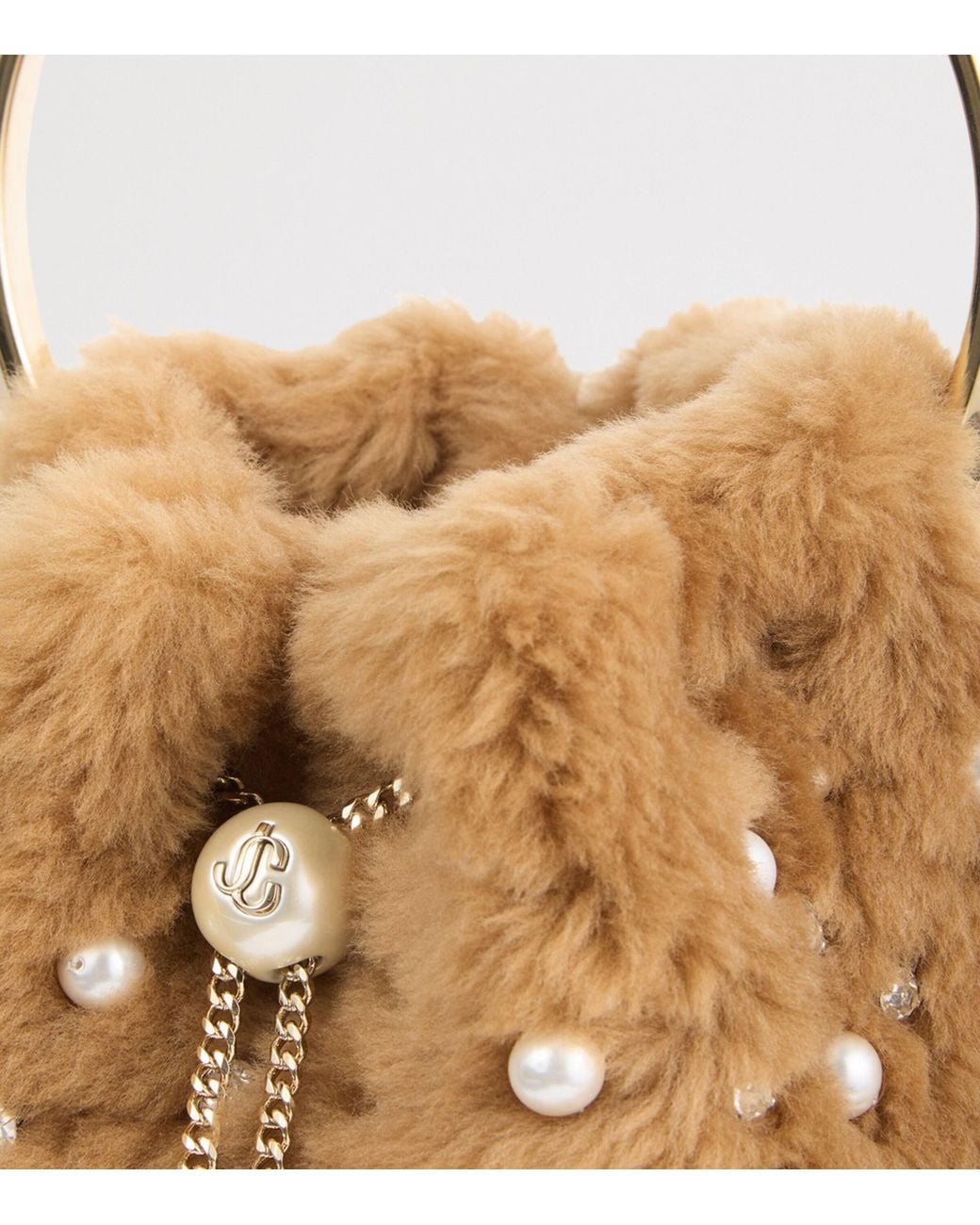 Jimmy Choo Brown Shearling Faux-Pearl Bon Bon Top-Handle Bag