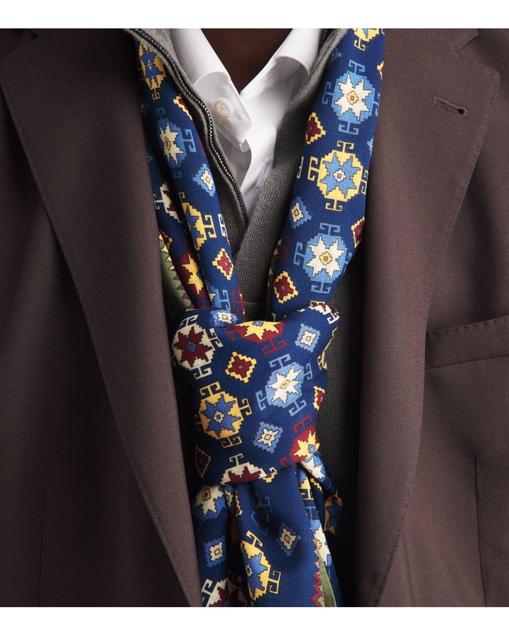 E.MARINELLA Blue Wool-Silk Geometric Print Scarf for men