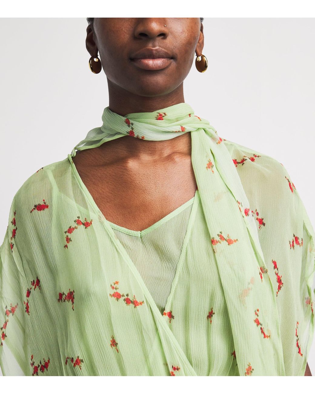 Ganni Green Organic Silk Floral Midi Dress