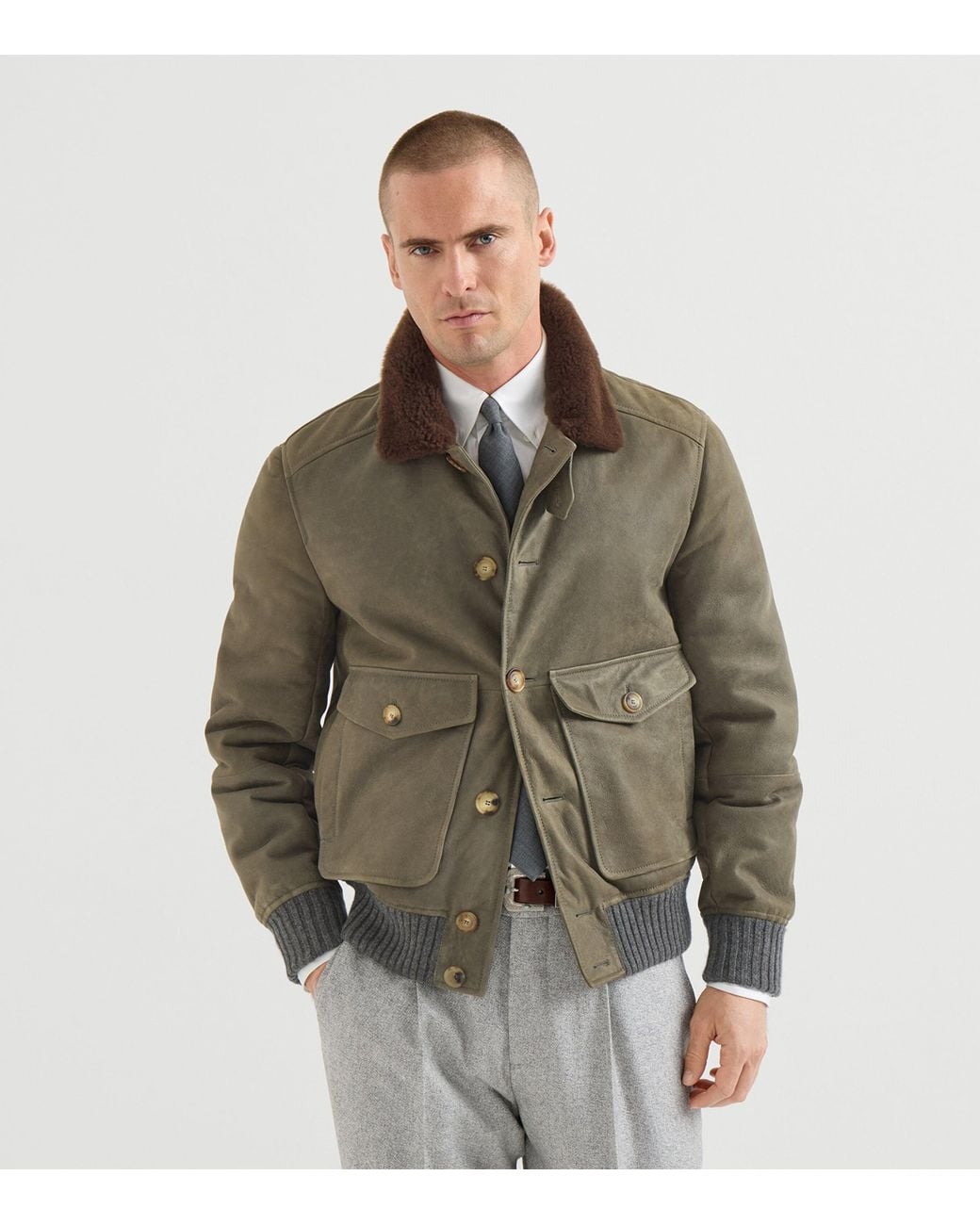 Brunello Cucinelli Green Leather Shearling-Trim Jacket for men