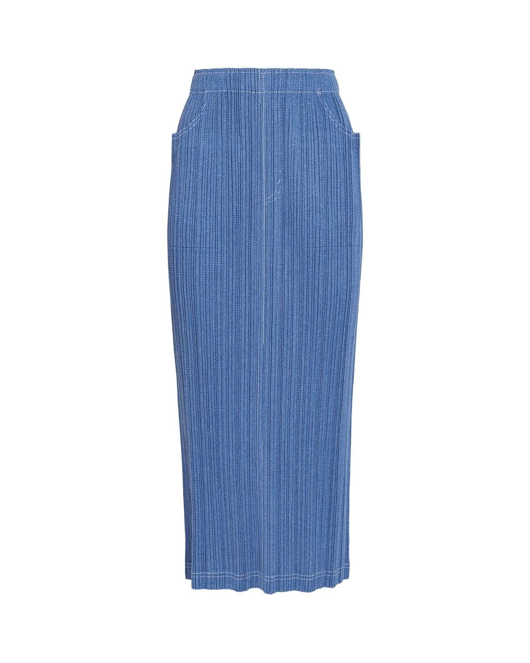 Pleats Please Issey Miyake Blue Cotton Denim Midi Skirt