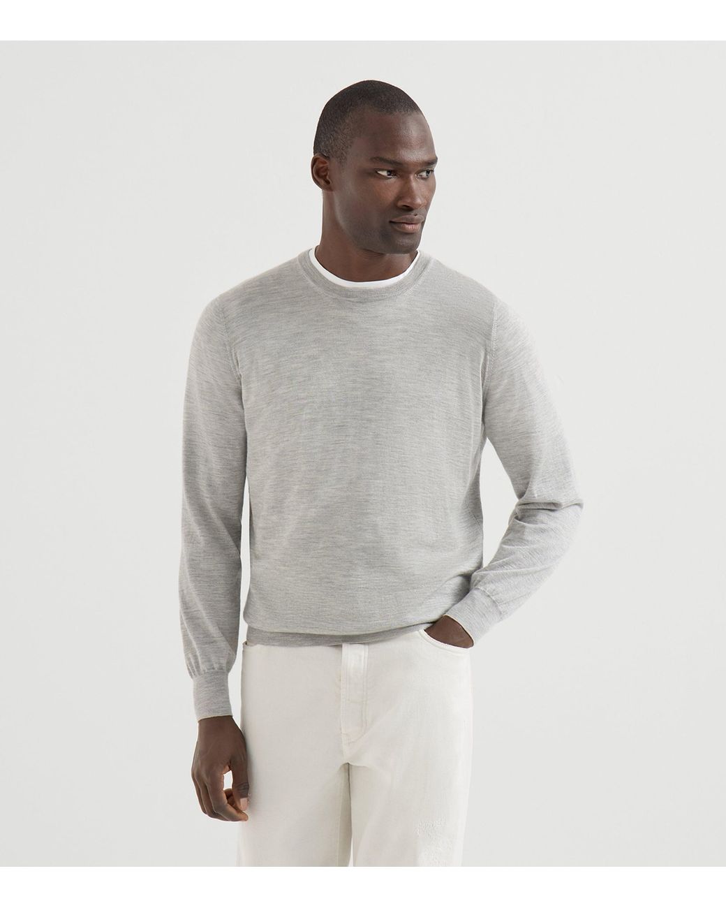 Brunello Cucinelli Gray Cashmere-Silk Crew-Neck Sweater for men